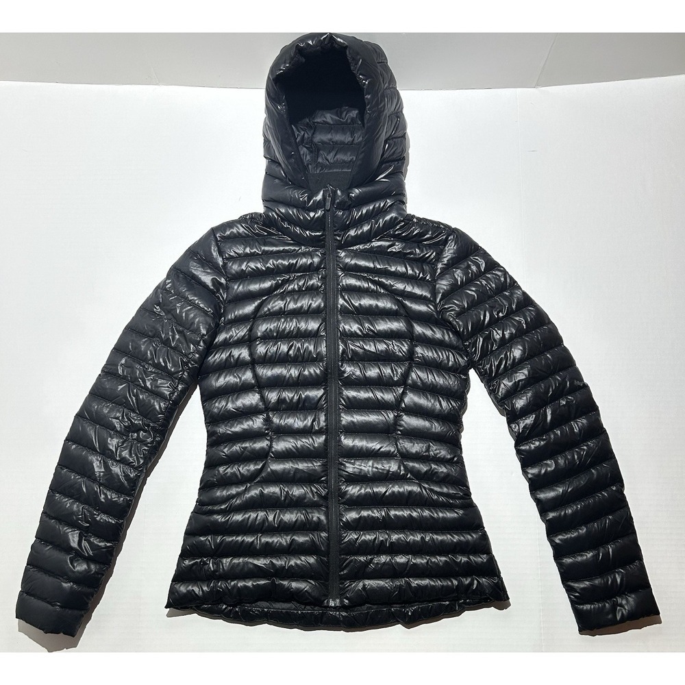 Lululemon Pack It Down Puffer Jacket Womens 4 Black Shine Hooded Packable EUC